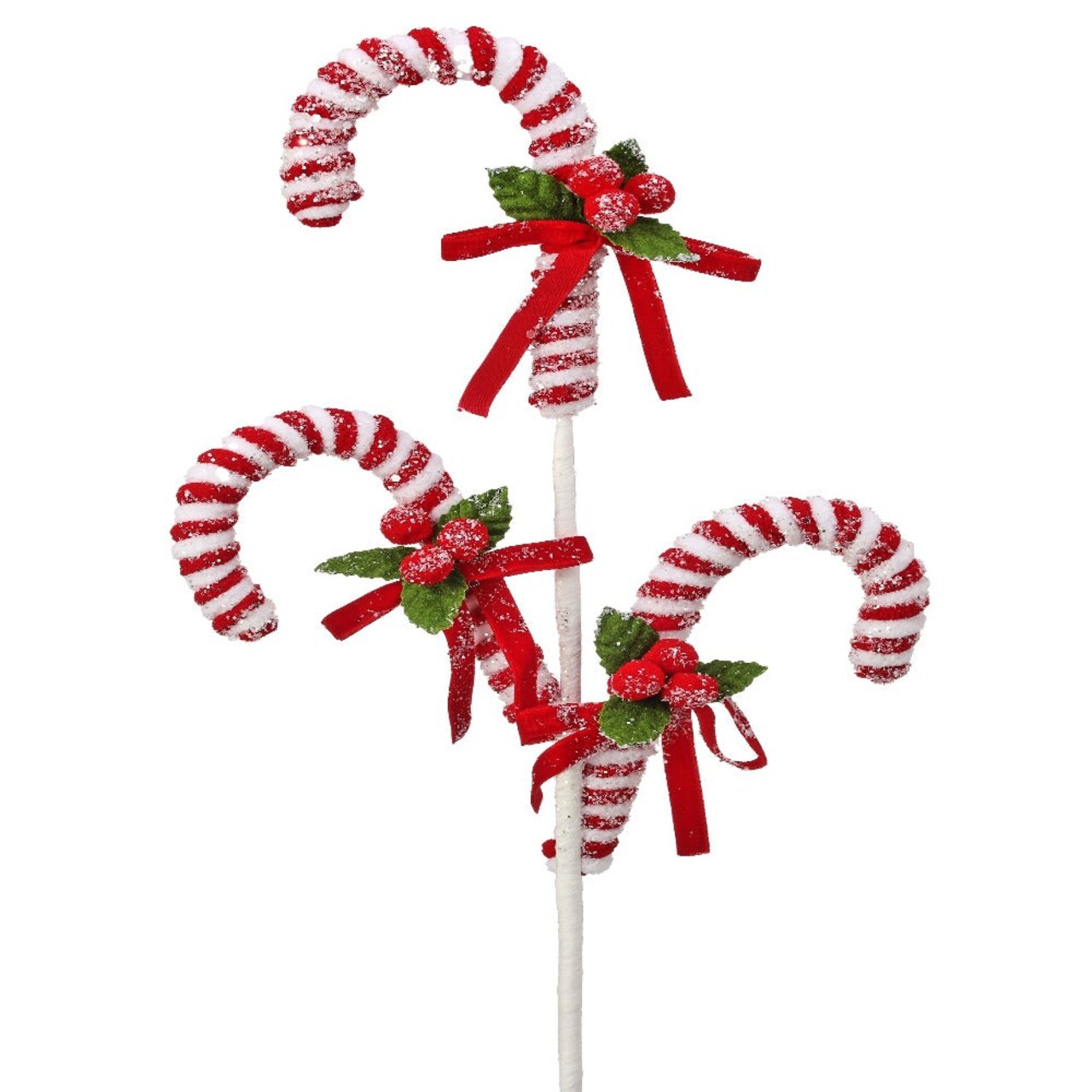 26" Red and White Candy Cane with Pompom Holly Spray – Festive Christmas Decoration